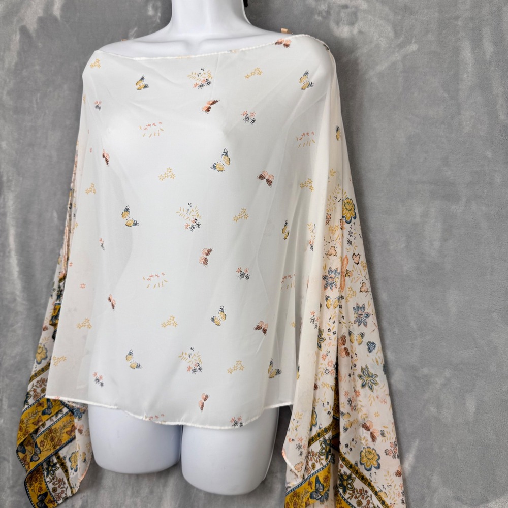 Zoe Madison Poncho Women OS White Butterfly Floral Sheer Boat Neck Boho Top